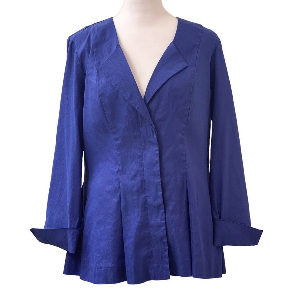 Zozo Blue Linen Hidden Button Long Sleeve Cuffed V-Neck Blouse Top Size Medium